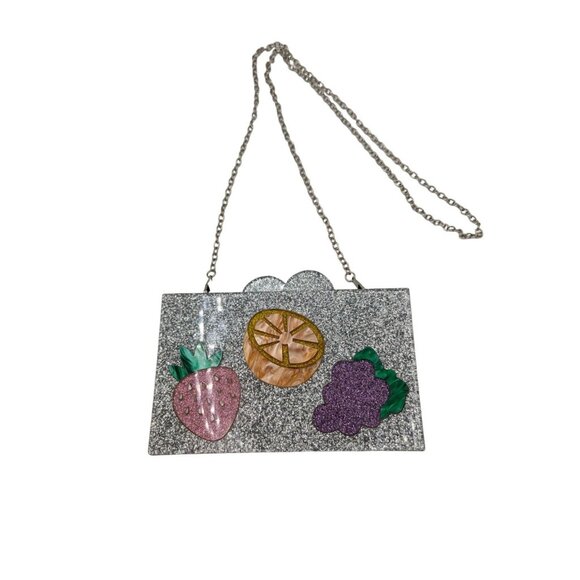 BARI LYNN Fruit Box Clutch Bag Chain Strap Acrylic Hard Sided Glitter - Picture 2 of 12